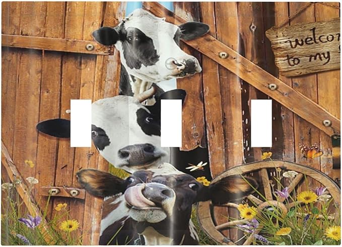 Decorative Switch Plate Covers Farm Cow Farmhouse Barn Door Rustic Vintage Wooden 3 Gang Light Switch Cover Country Wildlife Funny Triple Toggle Wall Plate Electrical Faceplate