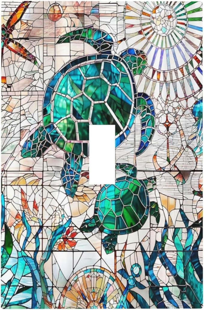 Nautical Teal Green/Blue Sea Turtles Beach Decorative Light Switch Cover 1-Gang Single Toggle Wall Plate Summer Ocean Marine Starfish Animals Electrical Device Outlet Switch Faceplate Cover Jumbo Size
