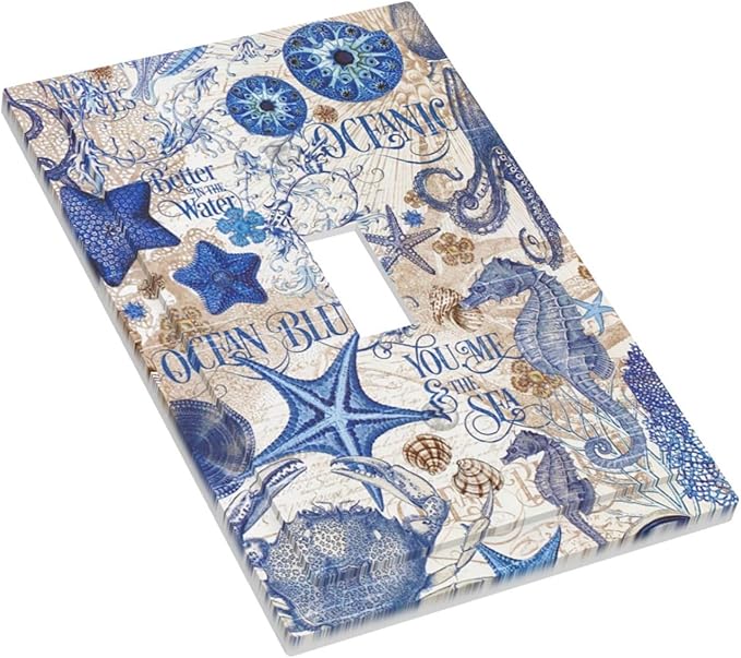 Decorative Light Switch Cover Vintage Sea Blue Seahorse Starfish Octopus 1 Gang Single Toggle Device Electrical Faceplate Switchplates Decorator Outlet Wall Plate For Kids Room Home Decor