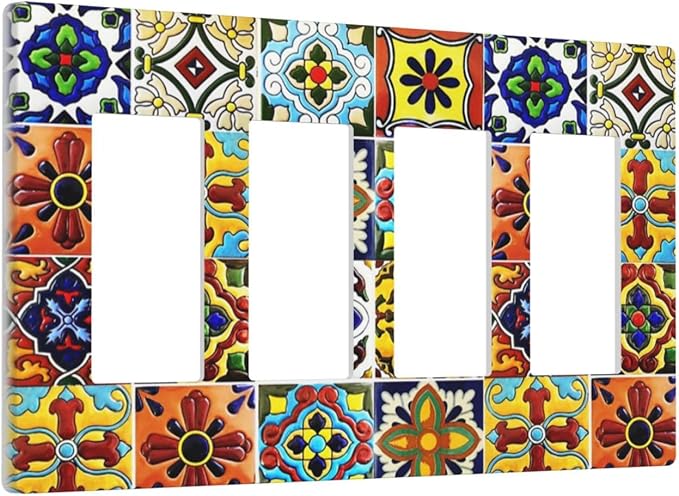 Boho Mexican Moroccan Tile 4 Gang Quad Rocker/GFCI/Decorator Light Switch Cover Plate Decorative Electric Faceplate Decorative Switchplate Screwless