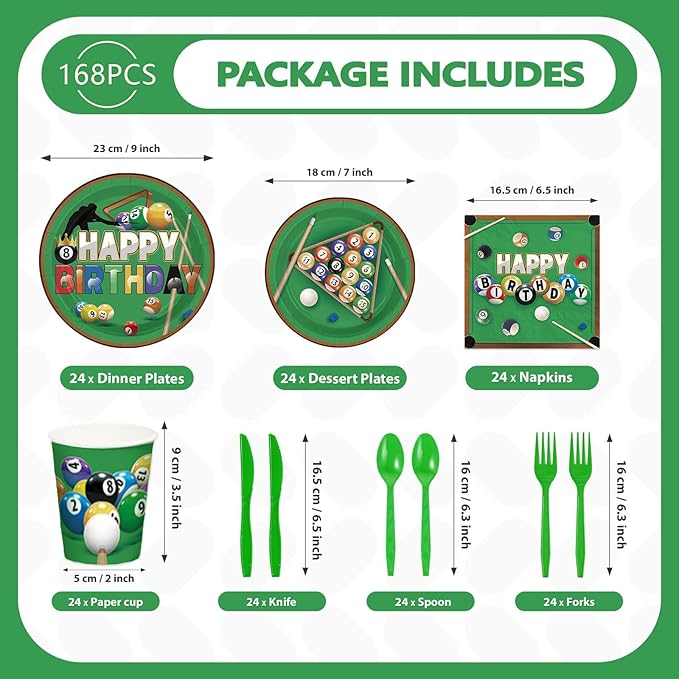 168Pcs Billiards Birthday Party Decorations Snooker Ball Sports Themed Plates Napkins Cups Forks Knives Spoons Disposable Paper Tableware for Billiards Theme Sports Party Supplies Serves 24