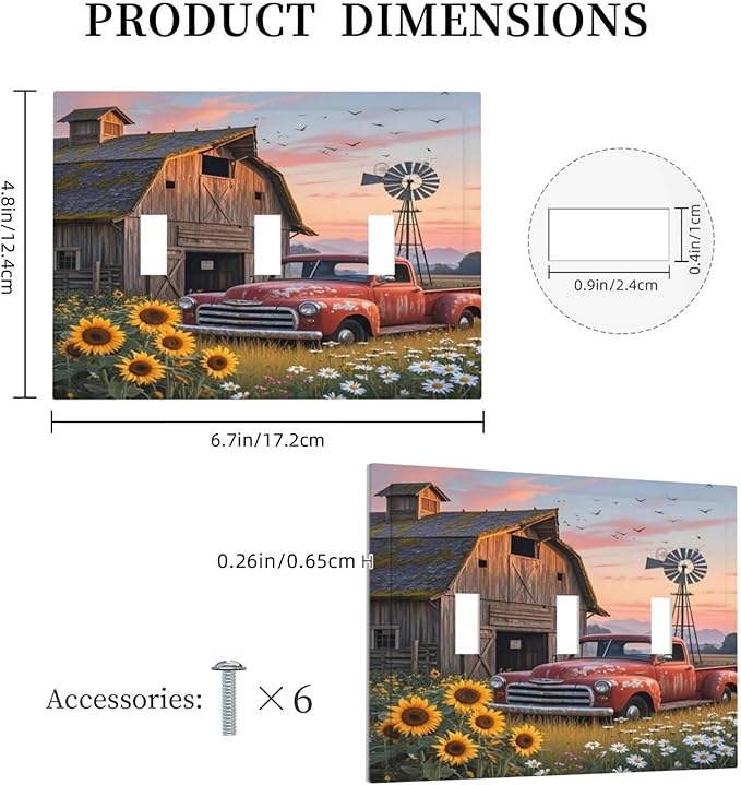 Rustic Barn Red Truck Windmill Sunflower Decorative Switch Plates 3 Gang Wall Plate Triple Toggle Light Switch Cover Faceplate Electrical Wall Panels for Farmhouse Home Decor