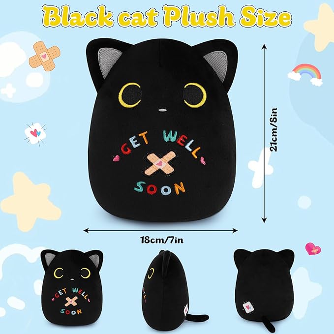 Black Cat Plush, 8 inch Get Well Soon Stuffed Cat Plushie Feel Better Gift Get Well Gift for Kids Women, Cute Plushies Huggable Kitten Pillow for After Surgery Recovery, Cat Lover Gifts