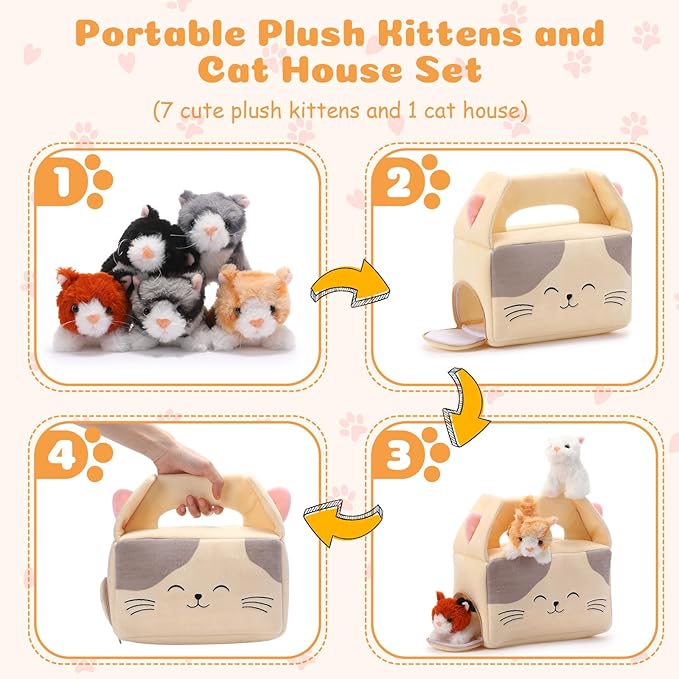 Blueweenly 8 Pcs Small Cat Stuffed Animal Set Plush House with 7 Fluffy Kitten Toys Stuffed Cats for Kids Birthday Gifts Pet Party Favors