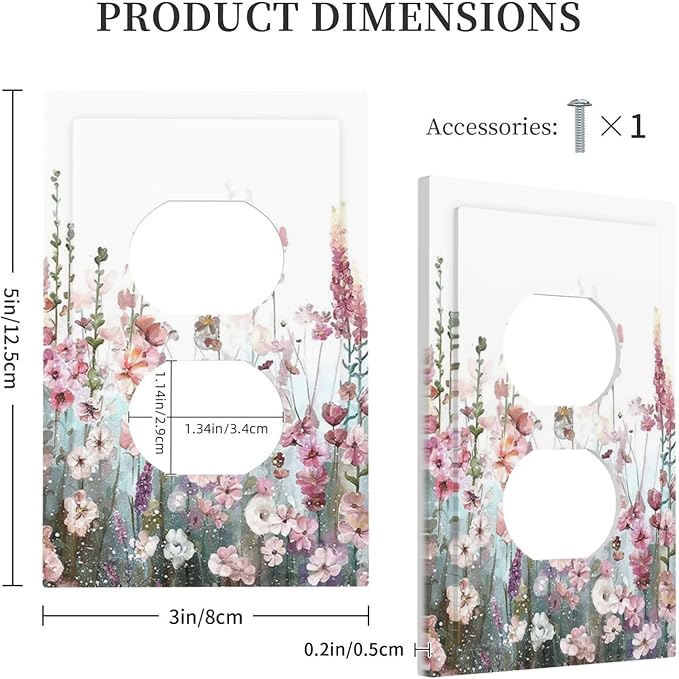 Colorful Flowers Pink Floral Watercolor Plant Outlet Covers 1 Gang Duplex Light Switch Cover Decorative Switch Plates Electrical Receptacle Faceplate Wall Plate for Bed Room Living Room Decor