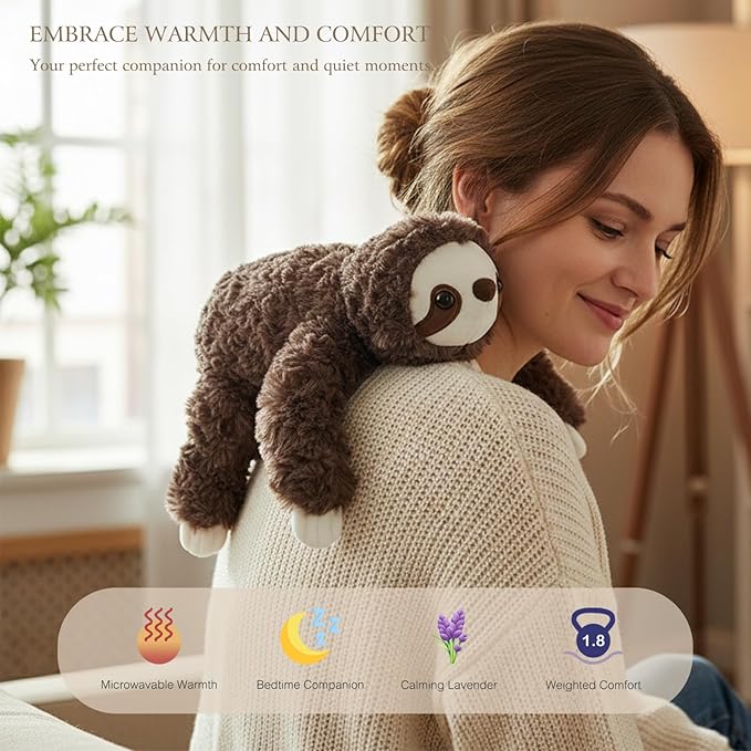 Aplushuman® Microwavable Heating Pad Brown Sloth Plush - Weighted Stuffed Animal Toy with Tourmaline Beads & Lavender - 1.8 lb for Long Lasting Cozy Warmth - Includes Gift Box & Greeting Card