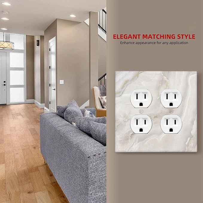 Abstract Luxury White Marble Texture Outlet Covers 2 Gang Double Duplex Decorative Light Switch Covers Electrical Wallplates Socket Faceplate for Bathroom Kitchen Living Room Decor