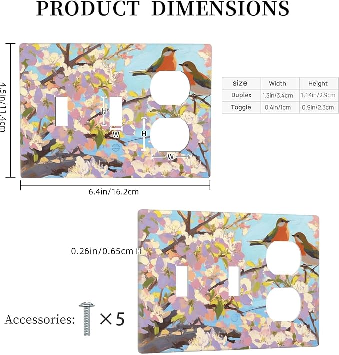 Bird Flower 2 Toggle 1 Duplex Receptacle Outlet Cover Wall Plate Decorative 3 Gang Light Switch Covers Electrical Switchplate Home Decorate Faceplat for Bathroom Bedroom Kitchen Room 4.5 x 6.4 Inch
