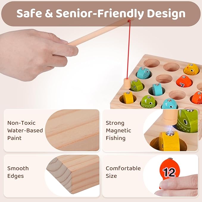 Dementia Therapy Wooden Magnetic Fishing Game for Seniors - Alzheimer's Cognitive Activities & Memory Recall Tools, Fine Motor Skill Training for Elderly Patients