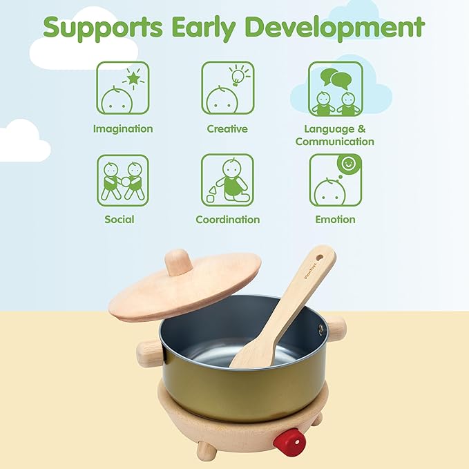 PlanToys® Wooden Cookery Set with Stove, Pot and Ladle | Montessori Pretend Play Toy for Imaginative Cooking, Social Interaction and Coordination | Eco Friendly Kitchen Toy