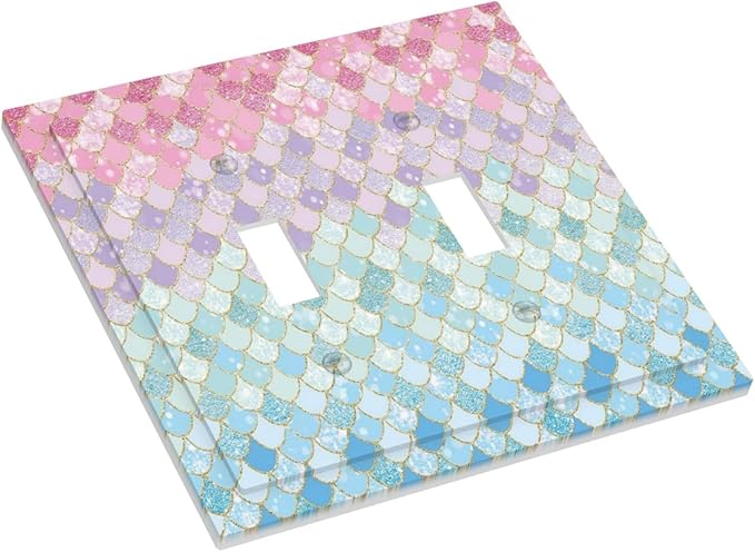 Colorful Mermaid Scales Double Toggle Light Switch Cover Decorative Blue 2 Gang Wall Plate Electrical Faceplate Switchplate for Girls Bedroom Kids Baby Nursery Living Room Decor