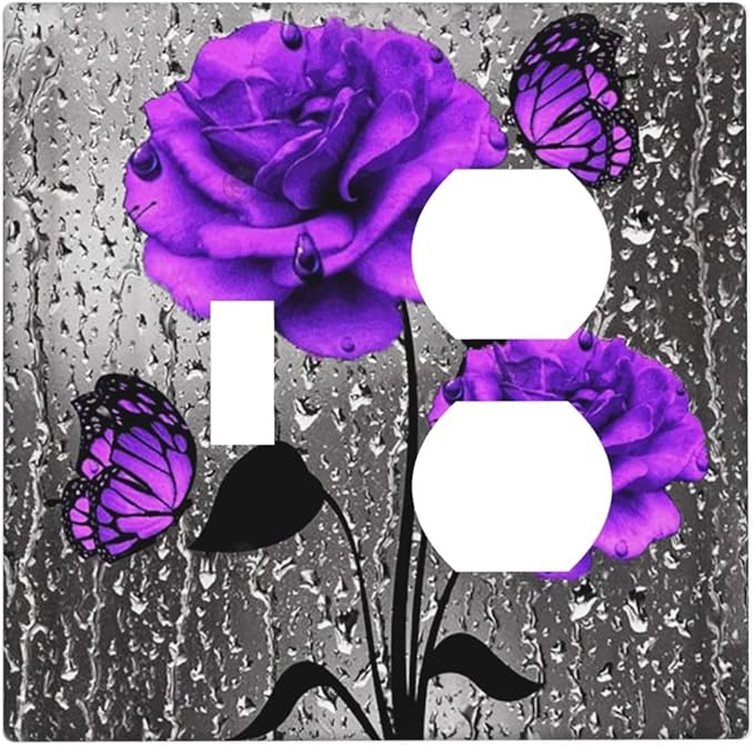 Pretty Purple Grey Rose Butterfly 2-Gang 1-Toggle 1-Duplex Device Combination Wallplate Valentine's Day Flowers Blossom Art One Toggle Switch and One Duplex Receptacle Outlet Combo Light Switch Cover