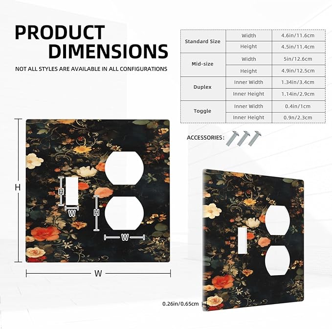 Vintage Orange Pink Black Roses Floral Flower Wallplates 1 Toggle 1 Duplex Switch Plate Electrical GFCI Faceplate Decorative Light Switch Covers for Farmhouse Bedroom Decor