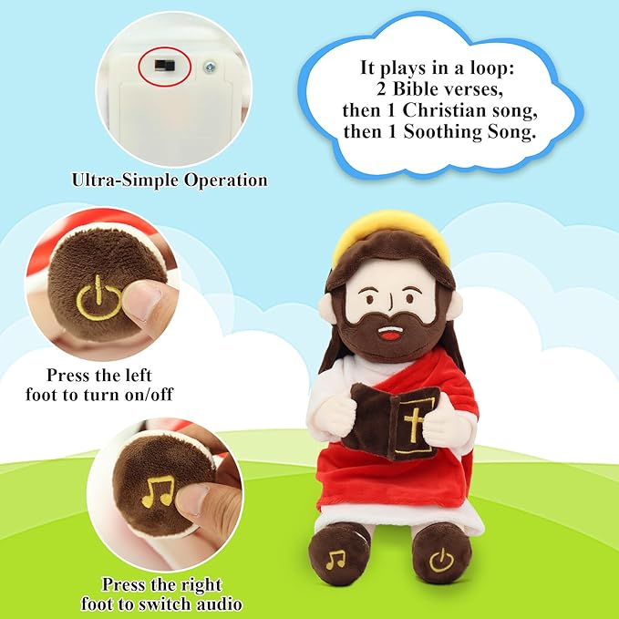 Yelakey Jesus Plush Talking Doll with Halo,Speak 20 Bible Verses & 20 Songs,13.4" Interactive Hymn Stuffed Plushie Perfect Religious Gift for Kids Sunday School & Easter Celebrations