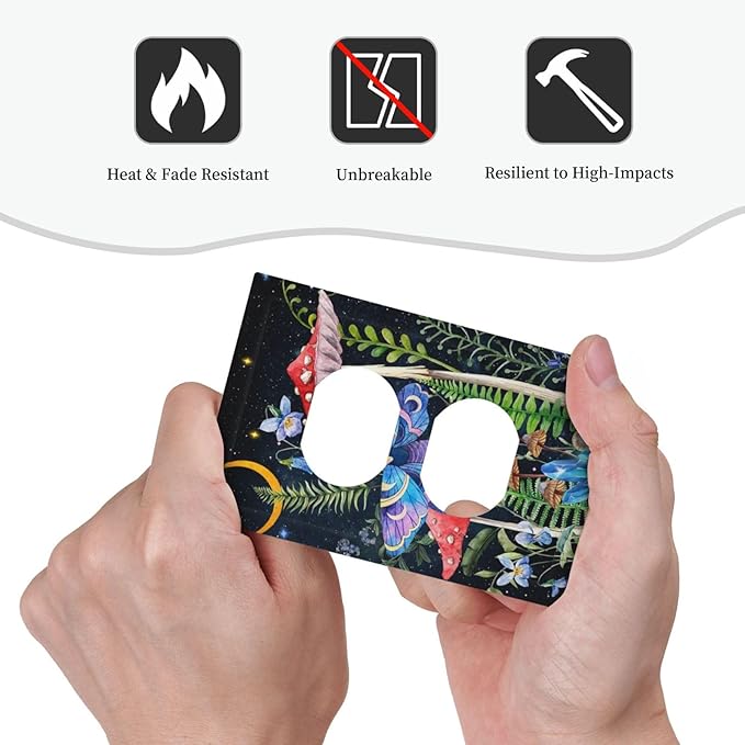 1 Gang Duplex Receptacle Outlet Cover Gothic Boho Hippie Butterfly Mushroom Plants Starry Moon Night Stars Botanical Moth Electrical Wall Plate One Gang Dual Device Light Switch Faceplate Socket Cover