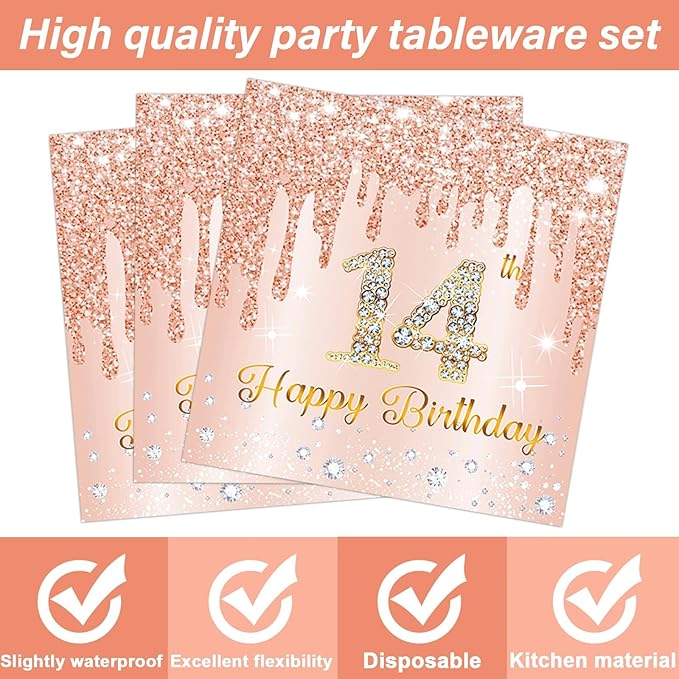 96 Pcs Rose Gold 14th Birthday Party Plates and Napkins for Girls Rose Gold Party Supplies Pink Happy 14 Years Birthday Party Tableware Set for 24 Guests Party Decorations