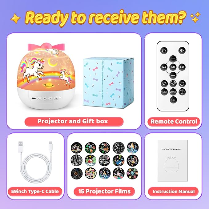 Pikoy Unicorn Toys for Girls Gifts, 15 Films+15 Lullaby Sound Machine for Kids Night Light Projector, Remote+Rechargeable Night Light for Kids Gifts, 360 °Rotation Princess Mermaid Toddler Girl Toys