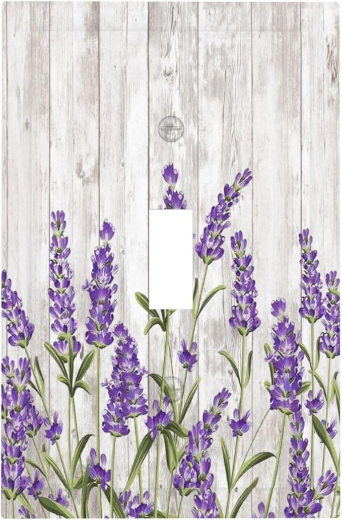 Purple Lavender Rustic Wooden Flowers Floral Plant Decorative Light Switch Cover 1 Gang Single Toggle Device Electrical Faceplate Switchplates Decorator Outlet Wall Plate for Farmhouse Living Room