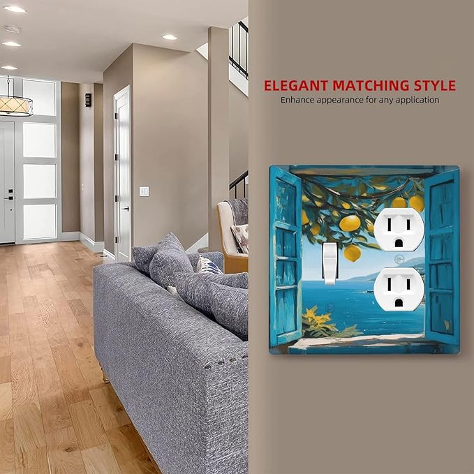 Decorative Art Light Switch Covers Seaside Window with Lemons 2 Gang Single Toggle Duplex Combination Electrical Faceplate Switchplate Wall Plate for Home Decor