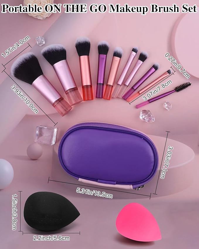 PGRODE Mini Travel Makeup Brushes Set, 14 Pieces, Portable Full Complete Function Cosmetic Kit with Brush Pouch, On the Go Short Makeup Brush Small Travel Essentials for Kids, Women, Girls (Colorful)