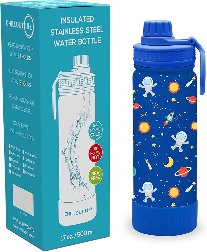 CHILLOUT LIFE 17 oz Kids Insulated Water Bottle for School with Leakproof Spout Lid and Cute Waterproof Stickers, Personalized Stainless Steel Thermos Flask Metal Water Bottle, Blue Space