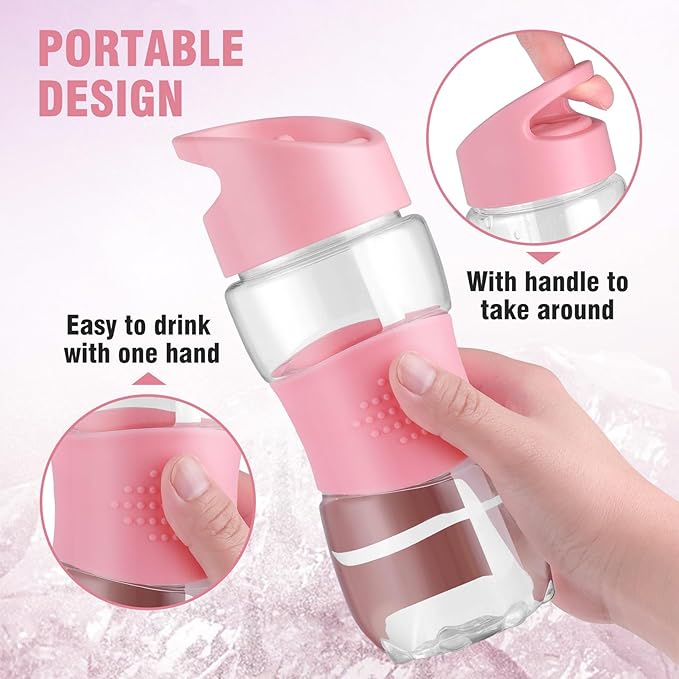 Sivaphe Clear Kids Water Bottle with Straw Cap 12 oz, Portable Leak-Proof Tritan Small Beverage Bottle 350 ml, Transparent Sports Drinking Bottle 350ml for School Girls Lightweight Pink