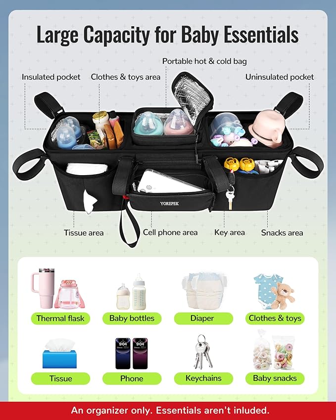 YOREPEK Padded Double Stroller Organizer with Removable Cooler Bag,Fits for Bob Duallie,Baby Jogger City Mini GT2 and Jeep, Large Capacity Stroller Caddy Attachment, Double Baby Stroller Accessories