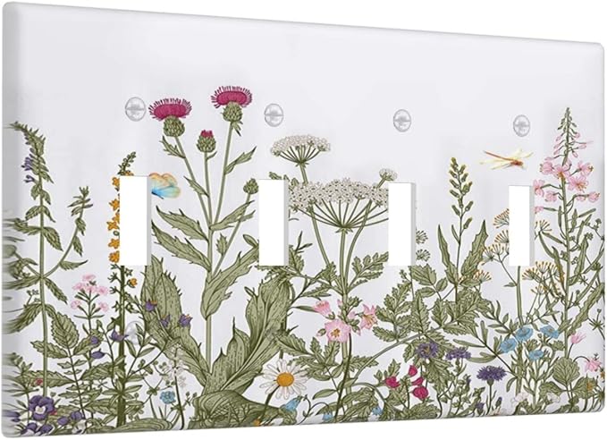 Rustic Wild Floral Vintage Teal Botanical Quad Toggle Light Switch Cover Decorative 4 Gang Switch Plates Cover for Bathroom Home Living Room Decor 8 X 4.5 In
