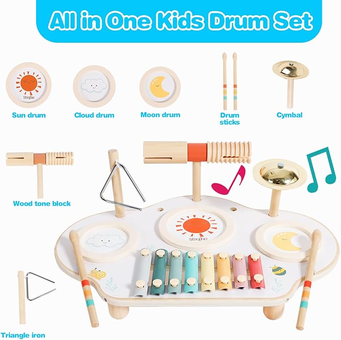Twefex Kids Drum Set - 9 in 1 Baby Drum Set for Toddlers - Montessori Musical Instruments Toy for Babies - Wooden Xylophone Musical Toys for Boys and Girls
