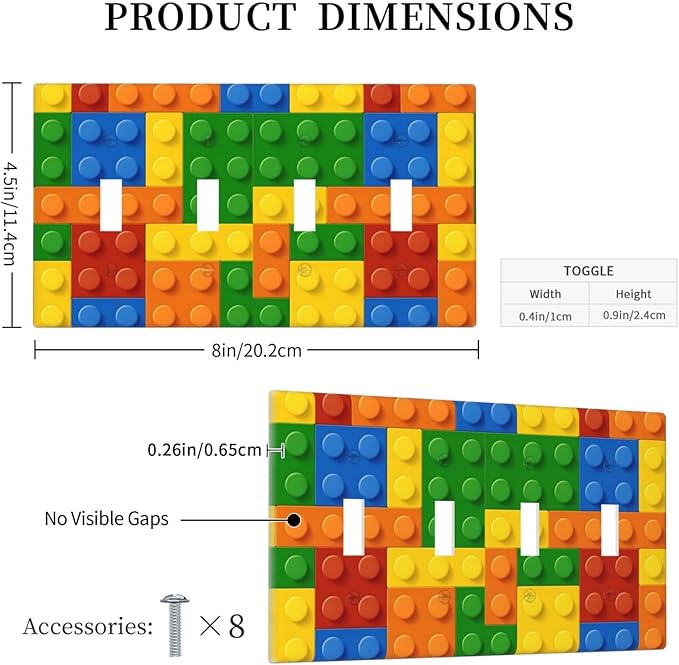 Building Blocks Theme Colored Bricks Print Light Switch Covers Quad Toggle Electrical Faceplate 4 Gang Wall Plate Decorative Switch Plates Cover for Room Office Home Decor