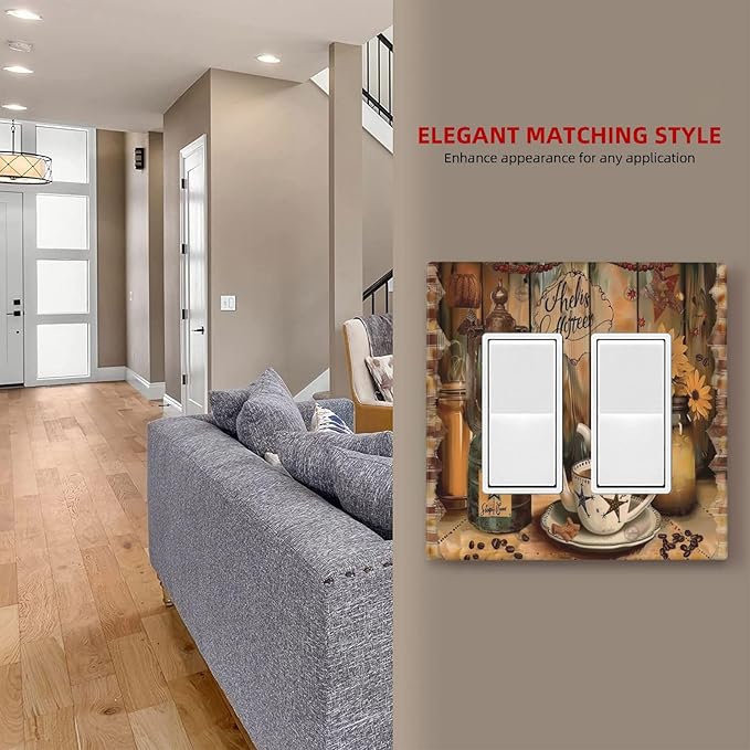 Decorative Outlet Covers Vintage Coffee Pot Star Farmhouse Wood Plank 2 Gang Wall Plate Double Rocker Decora Light Switch Cover Plate Jumbo Dual Electrical GFCI Switch Plate Cover