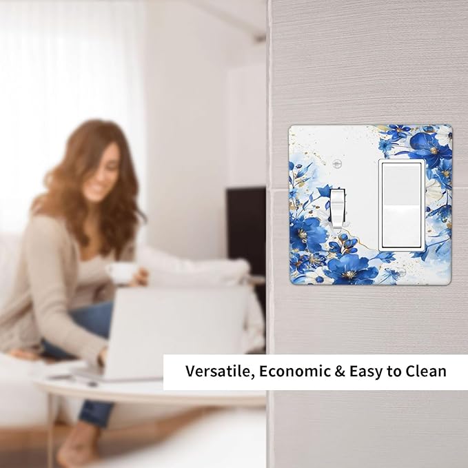 Klein Blue Flowers Watercolor Golden White Floral Outlet Covers 1 Toggle 1 Rocker Combination Decorative Wall Plate Electrical Switch Plates Light Switch Cover Plate for Bedroom Living Room Decor