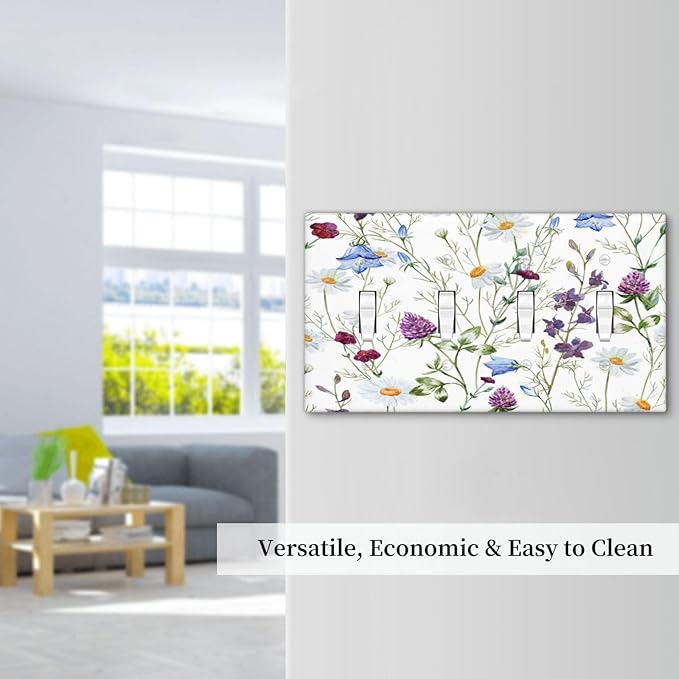 Floral Boho Multicolor Flower Plant Leaves Light Switch Covers Quad Toggle Electrical Faceplate 4 Gang Wall Plate Decorative Switch Plates Cover for Bedroom Living Room Decor