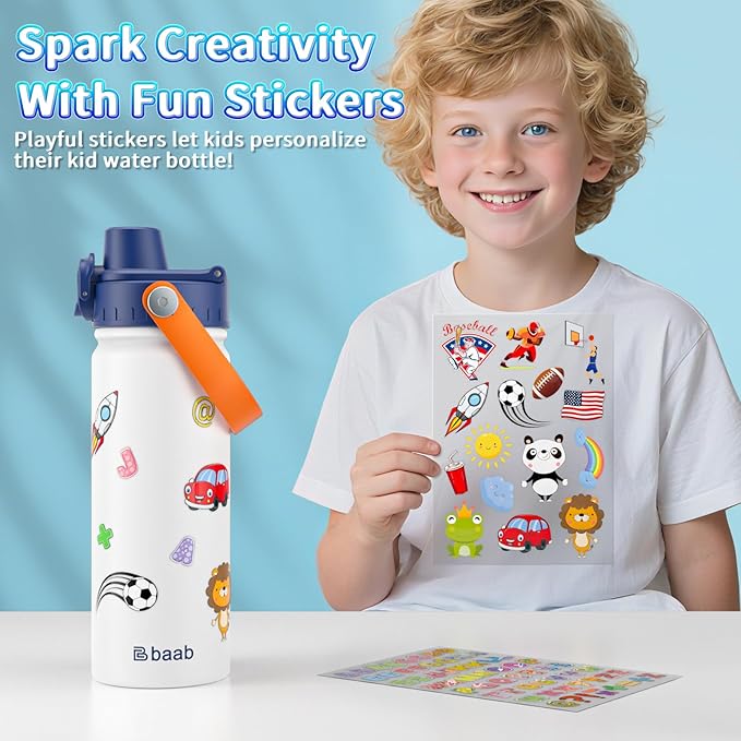 baab 18oz Kids Water Bottle, Insulated Kids Water Bottle with Lockable Spout Lid & Stickers, 18/8 Stainless Steel Vacuum Leakproof Kid Water Cup with Handle for Boy Girl & School (White, 1 Pack)