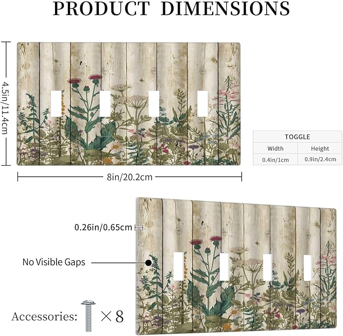 Vintage Wild Flowers Botanical Green Leaves Plants Quad Toggle Light Switch Covers Decorative Rustic Wood Plank 4 Gang Wall Plate Electrical Faceplate Switchplate for Farmhouse Bedroom Decor