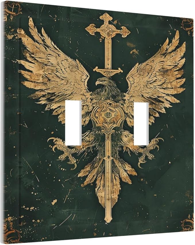 Medieval Retro Golden Eagle Totem Decorative Switch Plates 2 Gang Double Toggle Wall Plate Electrical Faceplate Outlet Light Switch Cover for Bedroom Living Room Decor