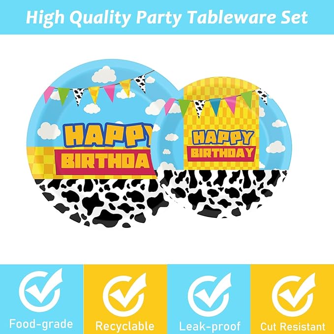 gisgfim 96 Pcs Cartoon Story Party Plates and Napkins Party Supplies Cow Pattern Blue Sky Tableware Set Cartoon Story Decorations Favors for Birthday Baby Shower for 24 Guests