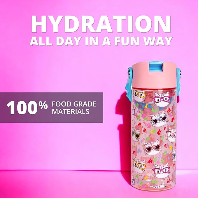 Elemental Water Bottles for Kids - Splash Kids Water Bottle for School with Pop-it Handle - BPA Free Tritan Plastic Water Bottle with Straw Leak Proof when Spout is Closed -Stylish Cat - 18oz