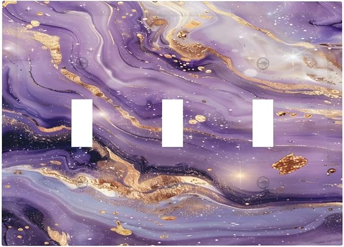 Luxury Marble Texture Purple And Gold Abstract Print Decorative Switch Plates 3 Gang Wall Plate Triple Toggle Light Switch Cover Faceplate Electrical Wall Panels for Bathroom Home Decor