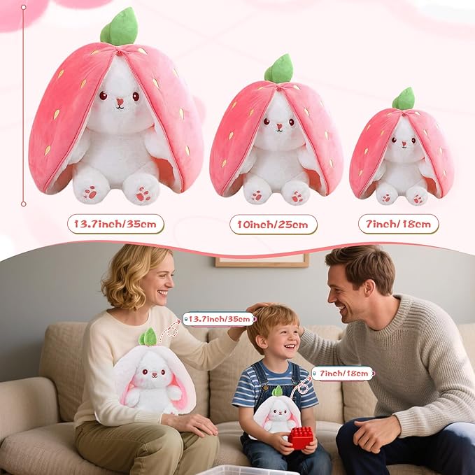 MIAODAM Easter Bunny Stuffed Animal, Carrot and Strawberry Bunny Plush Turn Into Rabbit Fruit Doll, Plushies Funny Bunny Toy for Girls (Strawberry Rabbit, 10inch)