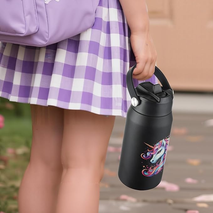 OLDLEY kids Water Bottle - 18oz Insulated Stainless Steel - Wide Straw Lid, Non Spill, Leakproof, Kids Water Bottle for School,Black Unicorn