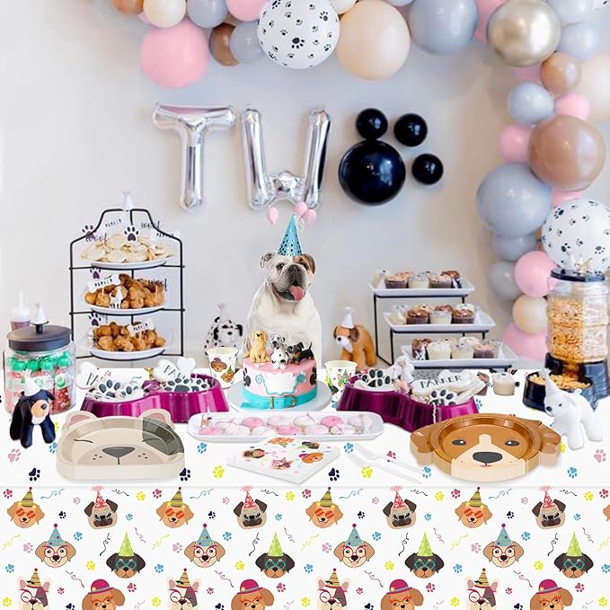 81 Pcs Dog Party Decorations - Including Plates, Napkins, Puppy Tablecloth, Black Plastic Forks for Kids Puppy Dog Themed Birthday Party Supplies, Serve 20