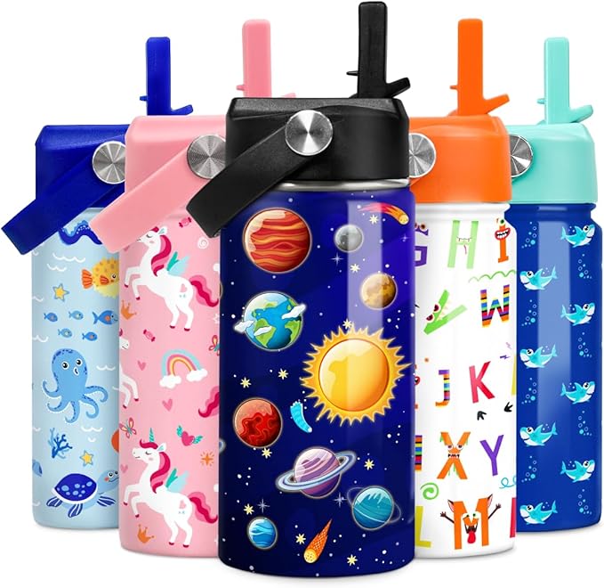 Kids Water Bottle Solar System Water Bottles 12oz with Straw Insulated Stainless Steel Travel School Tumbler Double Wall Vacuum Cup for Girls Kid Boys