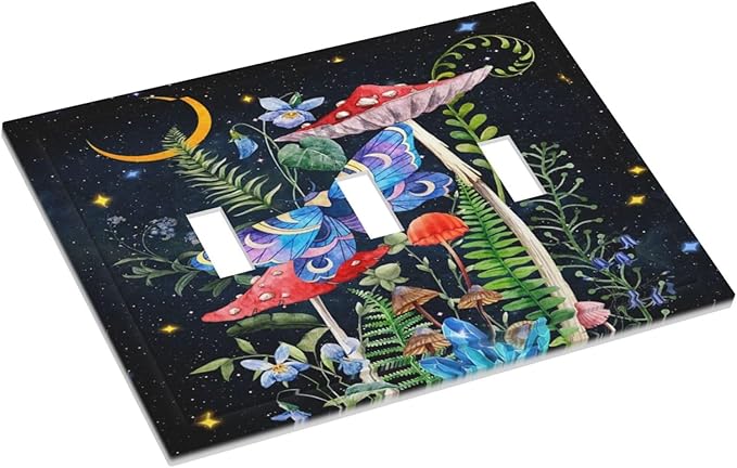 Hippie Mushroom Boho Starry Moon Night Stars Butterfly Vintage Floral Triple Toggle Decorator Outlet Light Switch Wall Plate Cover Decorative 3 Gang Jumbo Size Three Device Receptacle Faceplate Cover