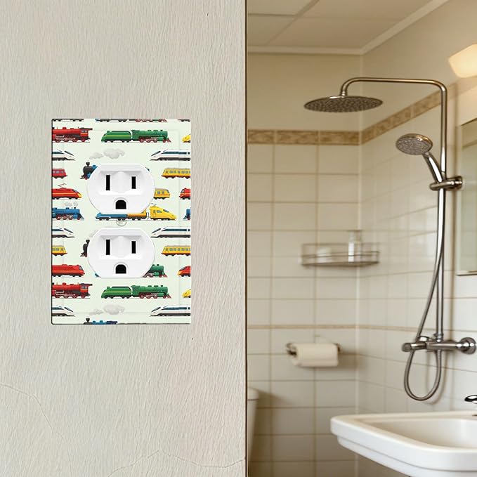 Vintage & Modern Trains Duplex Wall Plate - 1-Gang Standard US Size Colorful Locomotive Outlet Covers, Retro Steam & High-Speed for Boys Room