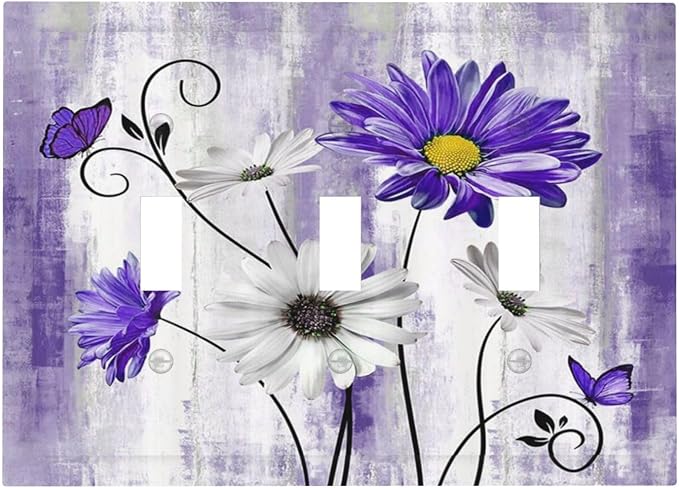Decorative Light Switch Cover Plate Rustic Purple Daisy Butterfly Boho White Floral 3 Gang Wall Plate Switch Plate Covers Triple Toggle Jumbo Electrical Faceplate for Country Home Decor