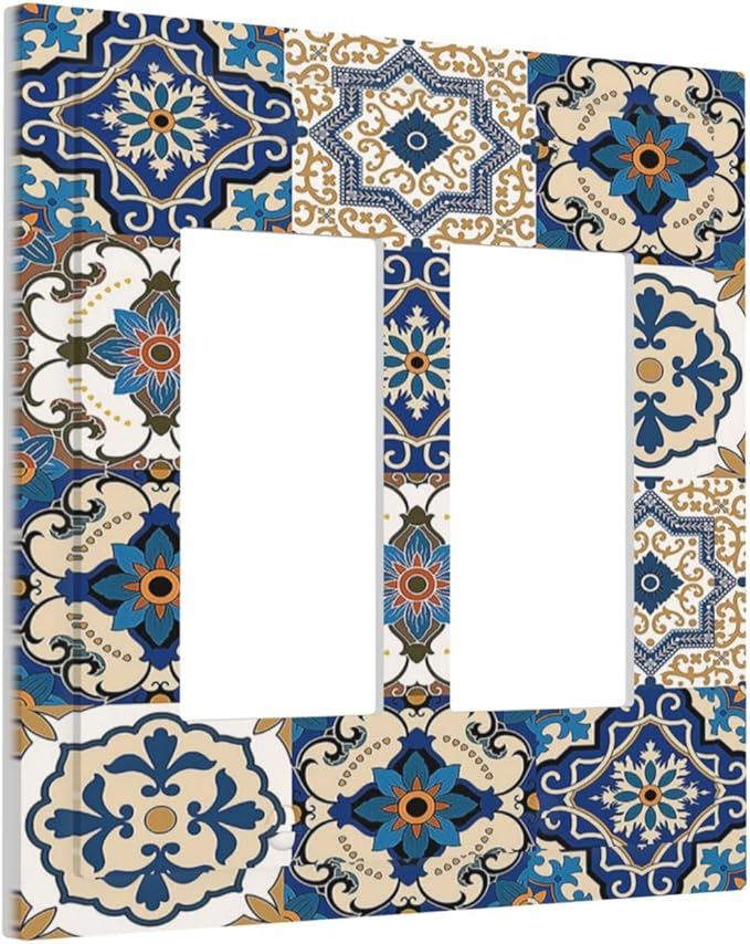 Decorative Outlet Covers Mandala Decorative Tile Talavera Moroccan Tiles 2 Gang Double GFCI Rocker Electrical Wall Panels Light Switch Cover Plate for Bedroom living Room Decor