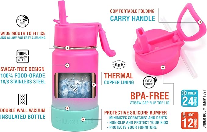CHILLOUT LIFE 12 oz Kids Insulated Water Bottle for School with Straw Lid Leakproof and Cute Waterproof Stickers, Personalized Stainless Steel Thermos Flask Metal Water Bottle for Girls & Boys