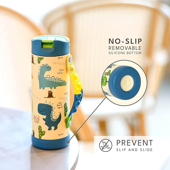 Elemental Iconic Kids Water Bottle for School - 100% Leak-Proof Insulated Water Bottles with Straw Lid & Pop-It Handle for Boys & Girls - Triple-Wall Insulated & BPA-Free, 14oz – Dinosaur