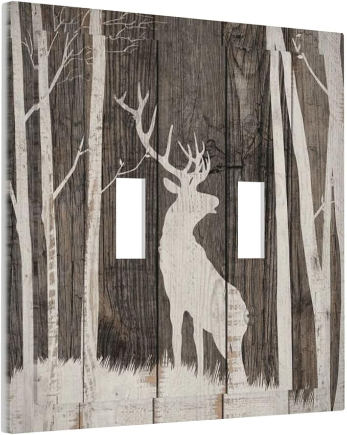 Vintage Wood Forest Deer Wildlife Animal Silhouette Decorative Switch Plates 2 Gang Double Toggle Outlet Light Switch Cover Wall Plate Electrical Faceplate for Farmhouse Home Decor